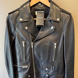 NWT SAINT LAURENT BLACK LAMBSKIN BIKER JACKET, SIZE 40